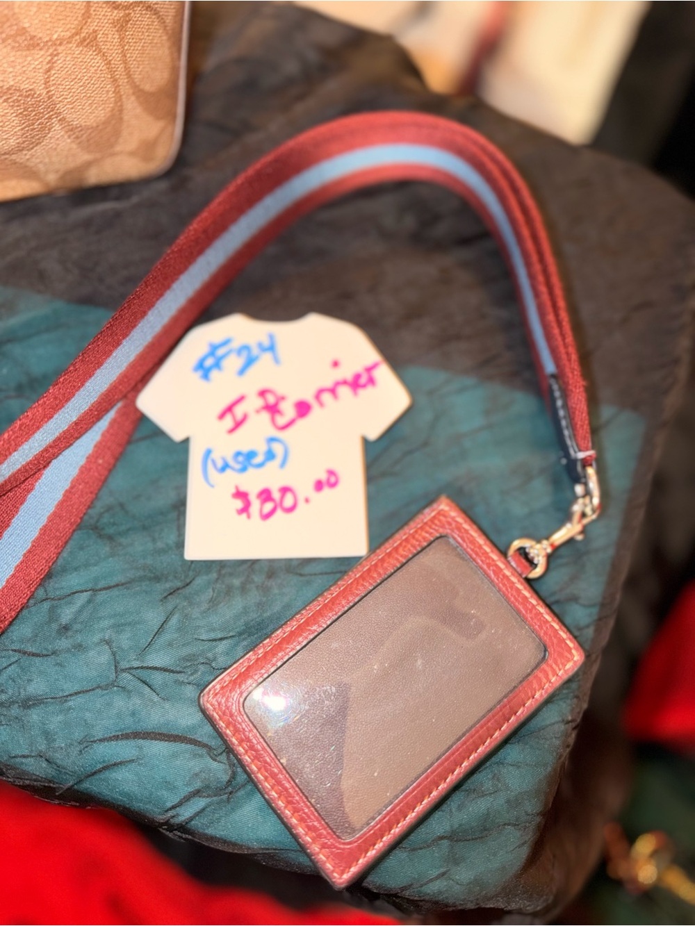 Coach Red Leather ID Badge Holder with Striped Strap